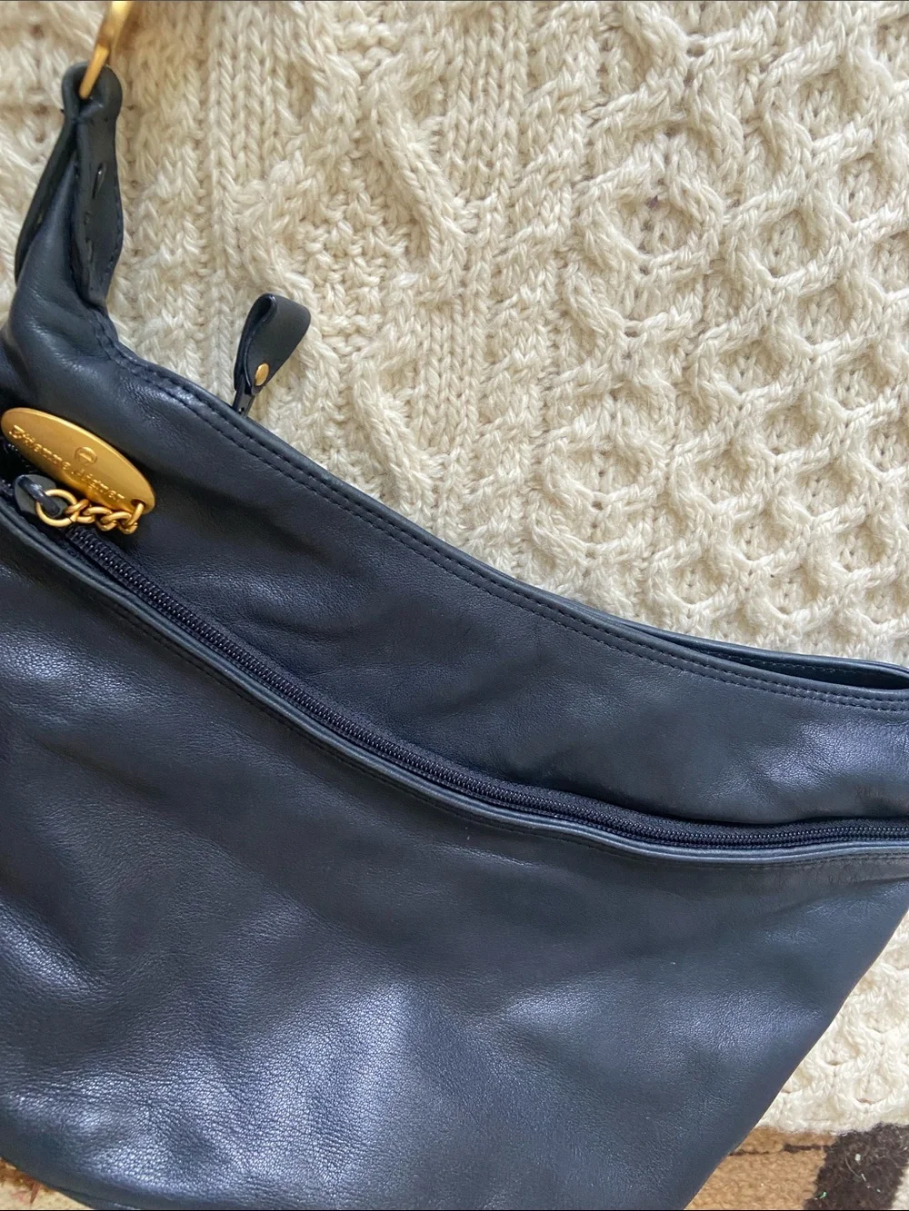 Etienne Aigner Navy Blue Leather Hobo Bag with Gold Hardware